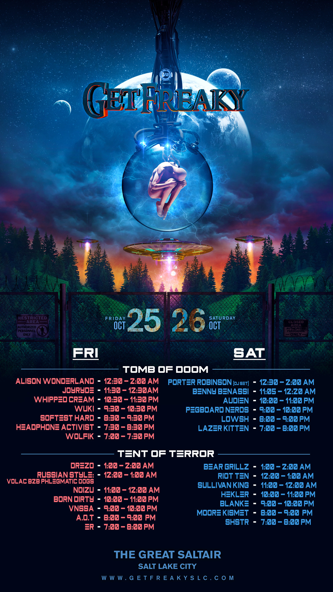 Set times for Get Freaky, formatted for cellular use. Featuring ER, Whipped Cream, Alison Wonderland, Blanke, Sullivan King and Porter Robinson.