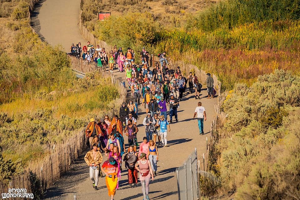 A large group of people walking down a long winding dirt road.